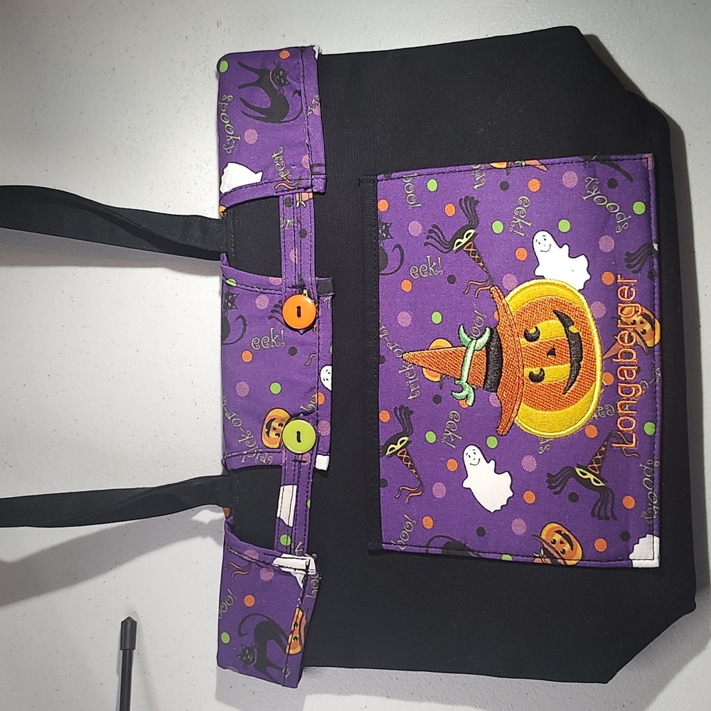Longaberger Halloween Tote Bag Black W/ Purple Liner Spiders Ghosts Cats Dots